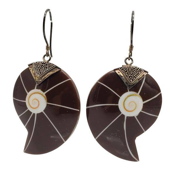 Sterling Silver Nautilus Resin Shell Earrings Drop Dangle Brown 925 Pierced - Picture 1 of 5